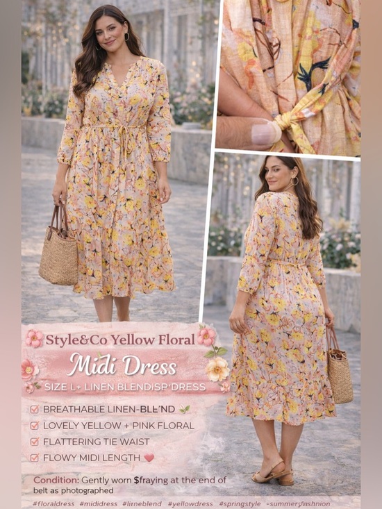 Style & Co. Dresses & Skirts - 🌼 Style & Co Yellow Floral Midi Dress – Size L – Linen Blend Boho Dress